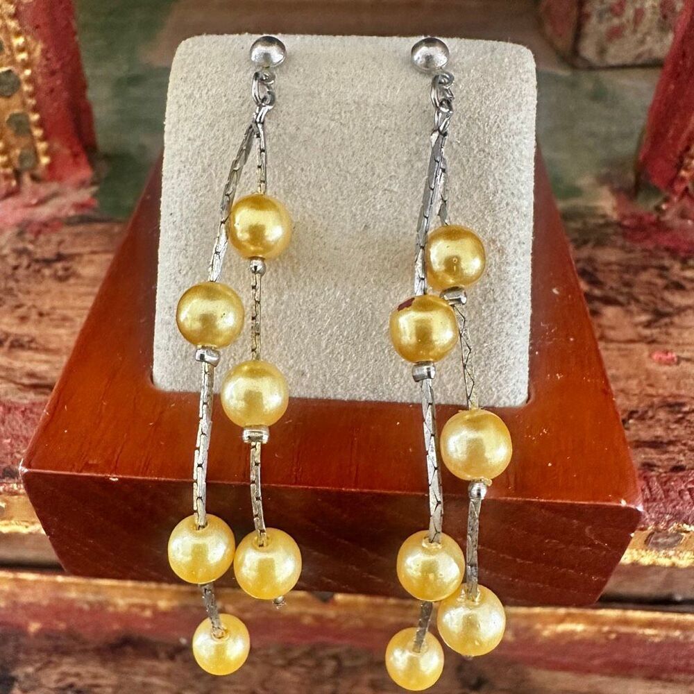 Yellow Faux Pearl Linear Dangle Earrings - Picture 1 of 5